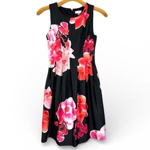 Calvin Klein Hibiscus Floral Fit and Flare Black Midi Dress